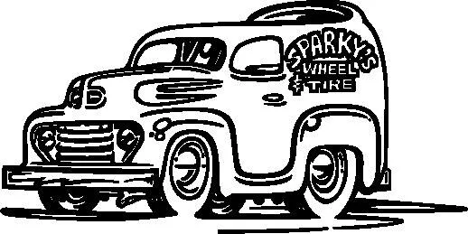 خودرو قدیمی با لوگو 'Sparky's Wheels & Tires'