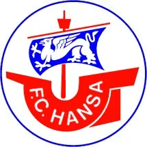 لوگو دایره‌ای با شیر، درفش و نوشته 'FC Hansa'