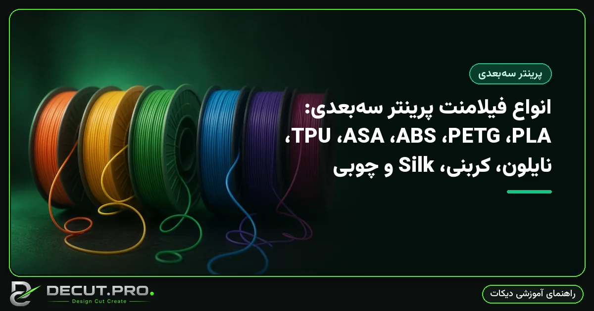 انواع فیلامنت پرینتر سه‌بعدی: PLA، PETG، ABS، ASA، TPU، نایلون، کربنی، Silk و چوبی
